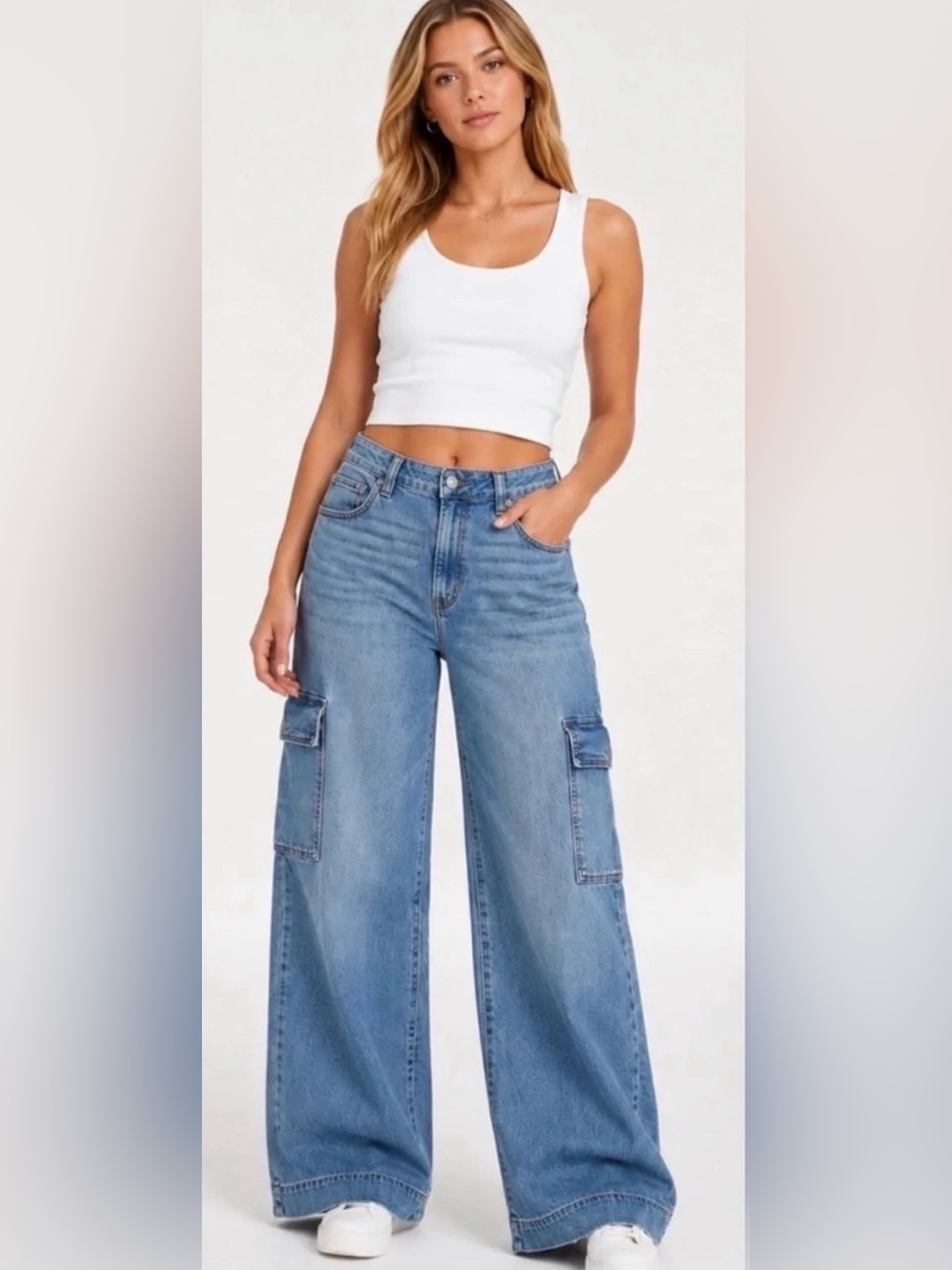 American Eagle Wide Leg High Waist Cargo Grunge Jeans Baggy Faded Size 10
